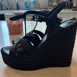 Saint Laurent Black Leather Woven Espadrille Wedge Sandals